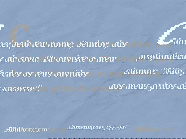 Clamei pelo teu nome, Senhor,
das profundezas da cova. Tu ouviste o meu clamor:
"Não feches os teus ouvidos
aos meus gritos de socorro". -- Lamentações 3:55-56