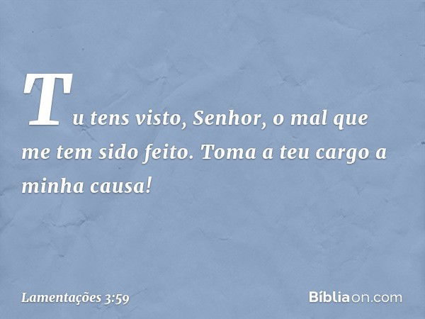 Tu tens visto, Senhor,
o mal que me tem sido feito.
Toma a teu cargo a minha causa! -- Lamentações 3:59