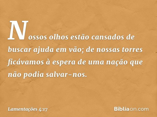 Nossos olhos estão cansados
de buscar ajuda em vão;
de nossas torres ficávamos à espera
de uma nação que não podia salvar-nos. -- Lamentações 4:17