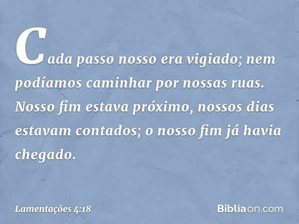 Cada passo nosso era vigiado;
nem podíamos caminhar
por nossas ruas.
Nosso fim estava próximo,
nossos dias estavam contados;
o nosso fim já havia chegado. -- La