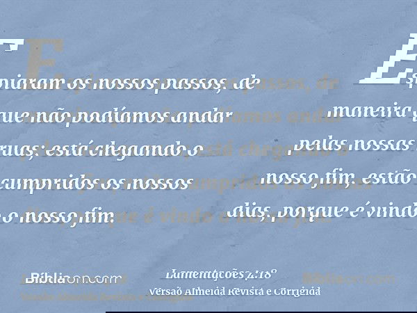 Espiaram os nossos passos, de maneira que não podíamos andar pelas nossas ruas; está chegando o nosso fim, estão cumpridos os nossos dias, porque é vindo o noss