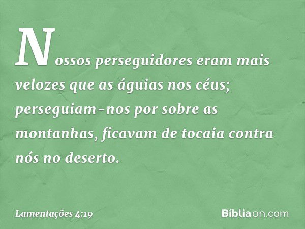 Nossos perseguidores eram mais velozes
que as águias nos céus;
perseguiam-nos por sobre as montanhas,
ficavam de tocaia contra nós no deserto. -- Lamentações 4: