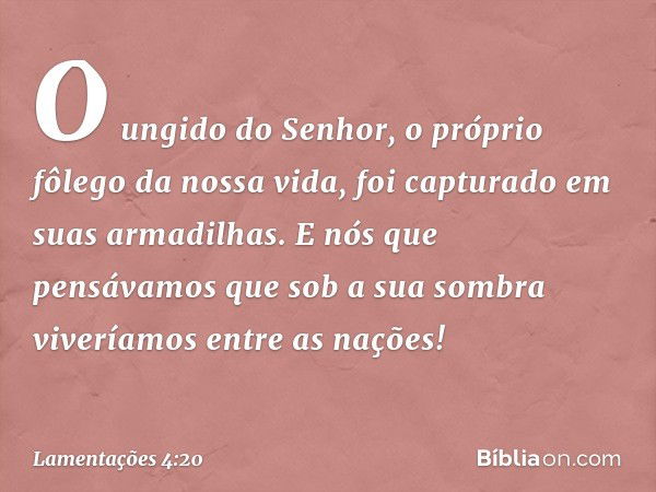 O ungido do Senhor,
o próprio fôlego da nossa vida,
foi capturado em suas armadilhas.
E nós que pensávamos que sob
a sua sombra viveríamos entre as nações! -- L