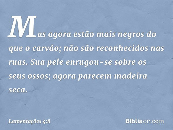 Mas agora estão mais negros do que o carvão;
não são reconhecidos nas ruas.
Sua pele enrugou-se sobre os seus ossos;
agora parecem madeira seca. -- Lamentações 