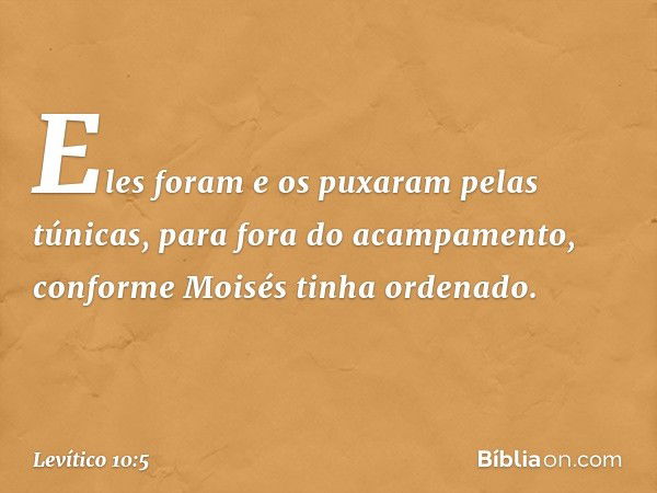 Eles foram e os puxaram pelas túnicas, para fora do acampamento, conforme Moisés tinha ordenado. -- Levítico 10:5