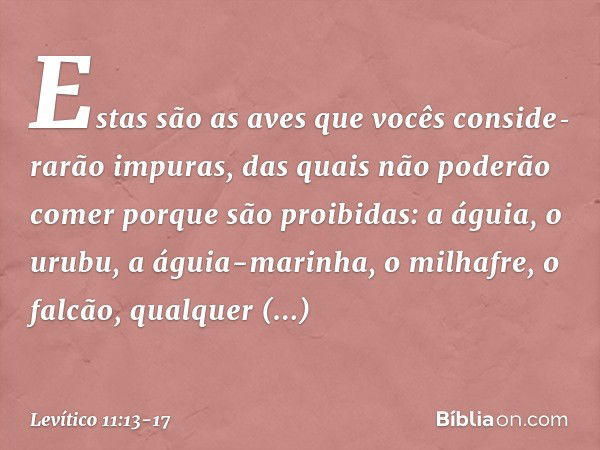 "Estas são as aves que vocês conside­rarão impuras, das quais não poderão comer porque são proibidas: a águia, o urubu, a águia-marinha, o milhafre, o falcão, q