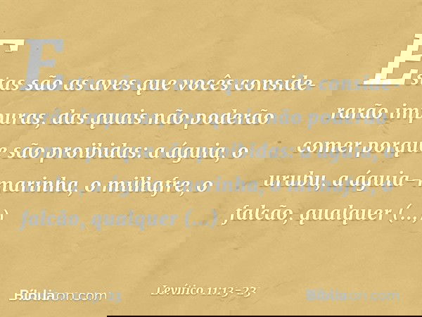 "Estas são as aves que vocês considerarão impuras, das quais não poderão comer porque são proibidas: a águia, o urubu, a águia-marinha, o milhafre, o falcão, q