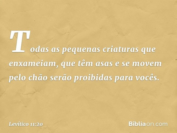 "Todas as pequenas criaturas que en­xameiam, que têm asas e se movem pelo chão serão proibidas para vocês. -- Levítico 11:20