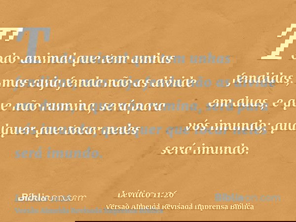 Todo animal que tem unhas fendidas, mas cuja fenda não as divide em duas, e que não rumina, será para vós imundo; qualquer que tocar neles será imundo.
