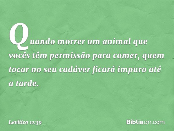 "Quando morrer um animal que vocês têm permissão para comer, quem tocar no seu cadáver ficará impuro até a tarde. -- Levítico 11:39