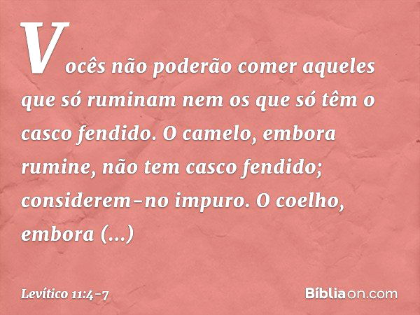 "Vocês não poderão comer aqueles que só ruminam nem os que só têm o casco fendido. O camelo, embora rumine, não tem casco fendi­do; considerem-no impuro. O coel