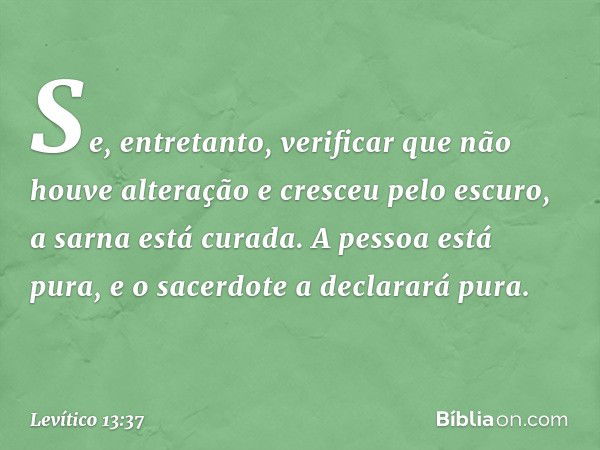 Se, entretanto, verificar que não houve alteração e cresceu pelo escuro, a sarna está curada. A pessoa está pura, e o sacerdote a declarará pura. -- Levítico 13