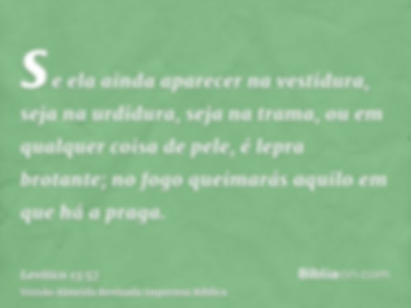 se ela ainda aparecer na vestidura, seja na urdidura, seja na trama, ou em qualquer coisa de pele, é lepra brotante; no fogo queimarás aquilo em que há a praga.