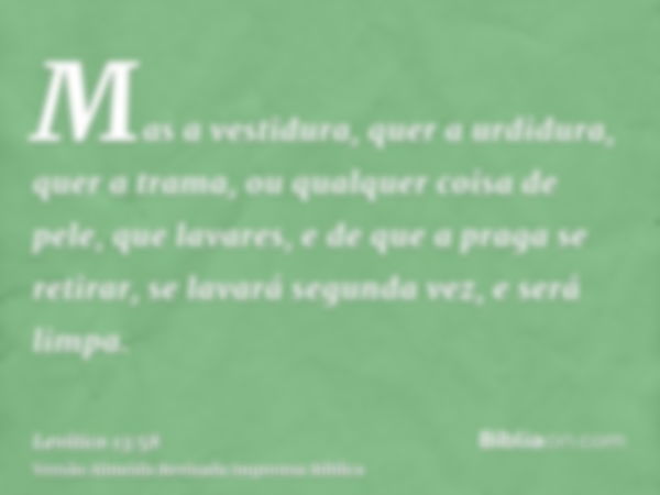 Mas a vestidura, quer a urdidura, quer a trama, ou qualquer coisa de pele, que lavares, e de que a praga se retirar, se lavará segunda vez, e será limpa.