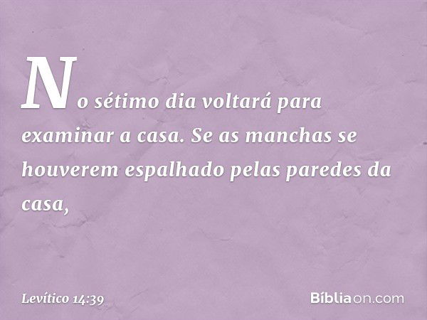 No sétimo dia voltará para examinar a casa. Se as manchas se houverem espalhado pelas paredes da casa, -- Levítico 14:39