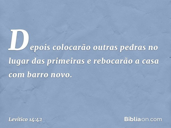 Depois coloca­rão outras pedras no lugar das primeiras e rebo­carão a casa com barro novo. -- Levítico 14:42