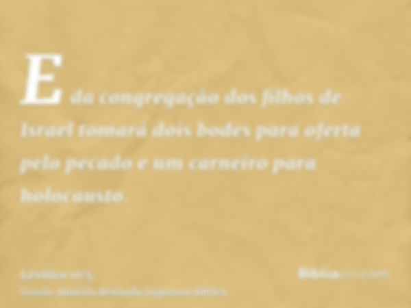 E da congregação dos filhos de Israel tomará dois bodes para oferta pelo pecado e um carneiro para holocausto.