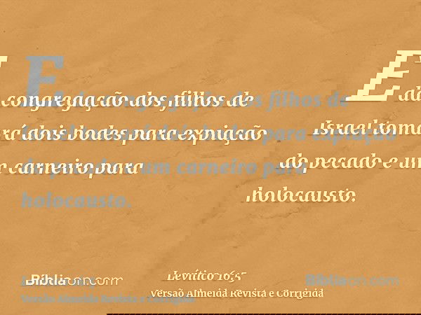 E da congregação dos filhos de Israel tomará dois bodes para expiação do pecado e um carneiro para holocausto.