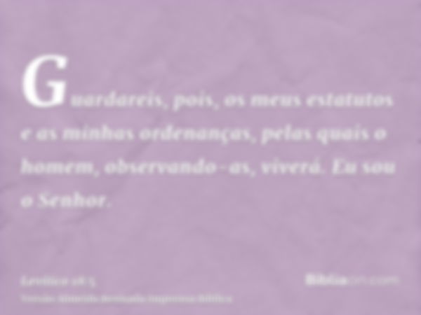 Guardareis, pois, os meus estatutos e as minhas ordenanças, pelas quais o homem, observando-as, viverá. Eu sou o Senhor.