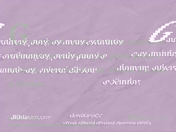 Guardareis, pois, os meus estatutos e as minhas ordenanças, pelas quais o homem, observando-as, viverá. Eu sou o Senhor.