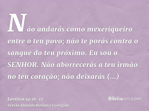 Não andarás como mexeriqueiro entre o teu povo; não te porás contra o sangue do teu próximo. Eu sou o SENHOR.Não aborrecerás a teu irmão no teu coração; não dei