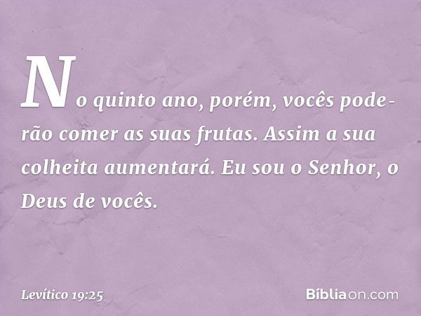 No quinto ano, porém, vocês pode­rão comer as suas frutas. Assim a sua colheita aumentará. Eu sou o Senhor, o Deus de vocês. -- Levítico 19:25