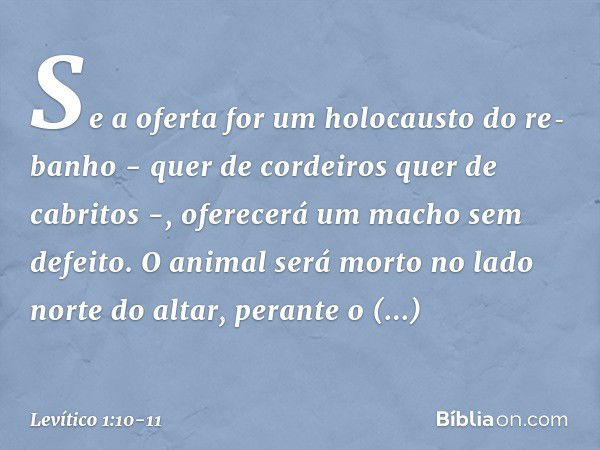 "Se a oferta for um holocausto do re­banho - quer de cordeiros quer de cabritos -, ofe­recerá um macho sem defeito. O animal será morto no lado norte do altar, 