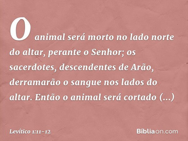 O animal será morto no lado norte do altar, perante o Senhor; os sacerdotes, descendentes de Arão, derrama­rão o sangue nos lados do altar. Então o ani­mal será