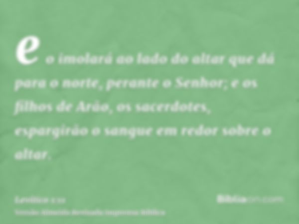 e o imolará ao lado do altar que dá para o norte, perante o Senhor; e os filhos de Arão, os sacerdotes, espargirão o sangue em redor sobre o altar.