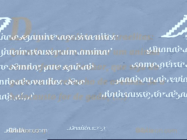 "Diga o seguinte aos israelitas: Quando alguém trouxer um animal como oferta ao Senhor, que seja do gado ou do rebanho de ovelhas. "Se o holocausto for de gado