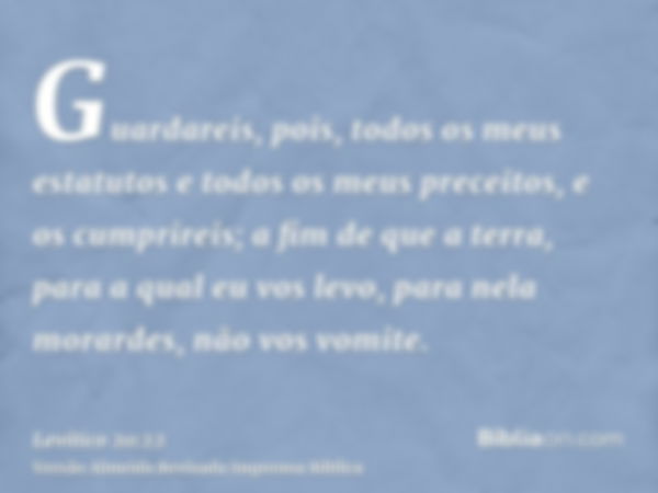 Guardareis, pois, todos os meus estatutos e todos os meus preceitos, e os cumprireis; a fim de que a terra, para a qual eu vos levo, para nela morardes, não vos