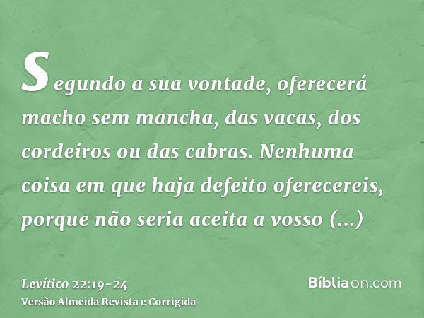 segundo a sua vontade, oferecerá macho sem mancha, das vacas, dos cordeiros ou das cabras.Nenhuma coisa em que haja defeito oferecereis, porque não seria aceita