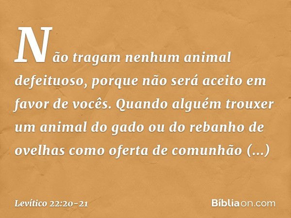 Não tragam nenhum animal defeituoso, porque não será aceito em favor de vocês. Quando alguém trouxer um animal do gado ou do rebanho de ovelhas como oferta de c