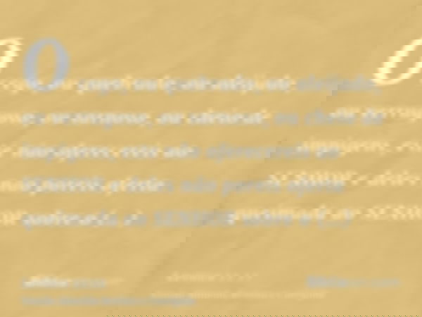 O cego, ou quebrado, ou aleijado, ou verrugoso, ou sarnoso, ou cheio de impigens, este não oferecereis ao SENHOR e deles não poreis oferta queimada ao SENHOR so