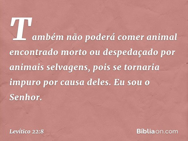 Também não poderá comer animal encontrado morto ou despedaçado por animais selvagens, pois se tornaria impuro por causa deles. Eu sou o Senhor. -- Levítico 22:8