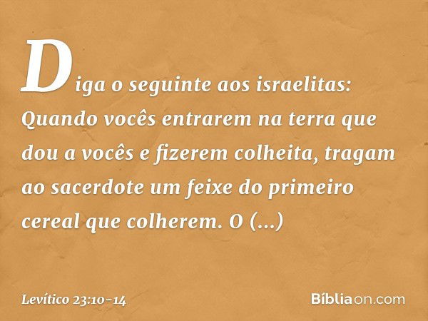 "Diga o seguinte aos israelitas: Quando vocês entrarem na terra que dou a vocês e fizerem colheita, tragam ao sacerdote um feixe do primeiro cereal que colherem