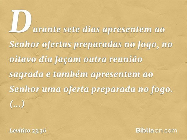 Durante sete dias apresentem ao Senhor ofertas preparadas no fogo, no oitavo dia façam outra reunião sagrada e também apre­sentem ao Senhor uma oferta preparada