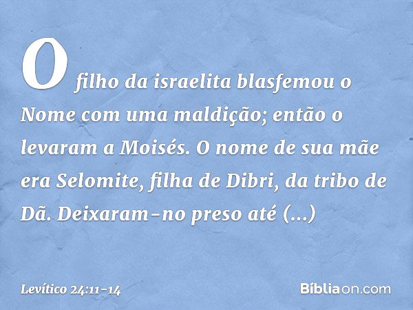 O filho da israelita blasfe­mou o Nome com uma maldição; então o levaram a Moisés. O nome de sua mãe era Selomite, filha de Dibri, da tribo de Dã. Deixaram-no p