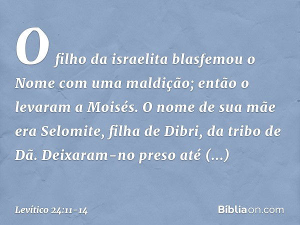 O filho da israelita blasfe­mou o Nome com uma maldição; então o levaram a Moisés. O nome de sua mãe era Selomite, filha de Dibri, da tribo de Dã. Deixaram-no p