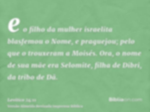 e o filho da mulher israelita blasfemou o Nome, e praguejou; pelo que o trouxeram a Moisés. Ora, o nome de sua mãe era Selomite, filha de Dibri, da tribo de Dã.