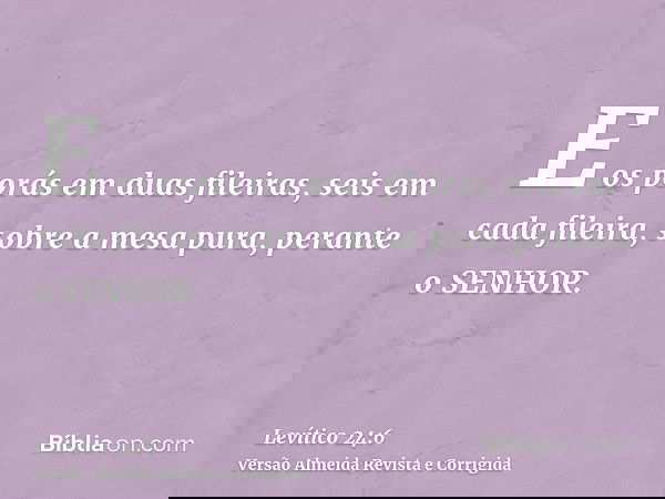 E os porás em duas fileiras, seis em cada fileira, sobre a mesa pura, perante o SENHOR.