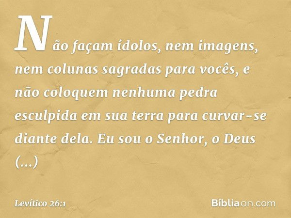 "Não façam ídolos, nem imagens, nem colunas sagradas para vocês, e não colo­quem nenhuma pedra esculpida em sua terra para curvar-se diante dela. Eu sou o Senho