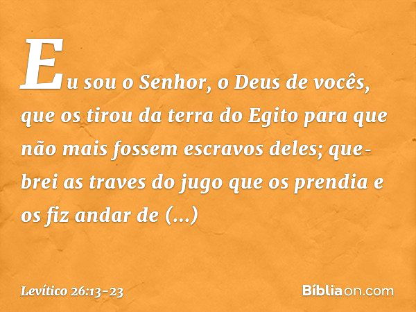 Eu sou o Senhor, o Deus de vocês, que os tirou da terra do Egito para que não mais fossem escravos deles; que­brei as traves do jugo que os prendia e os fiz and