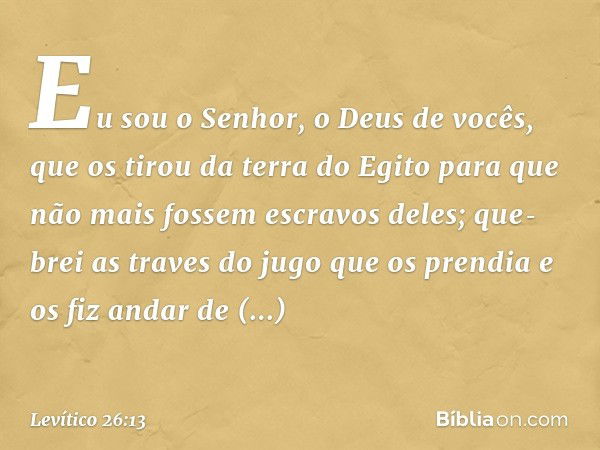 Eu sou o Senhor, o Deus de vocês, que os tirou da terra do Egito para que não mais fossem escravos deles; que­brei as traves do jugo que os prendia e os fiz and