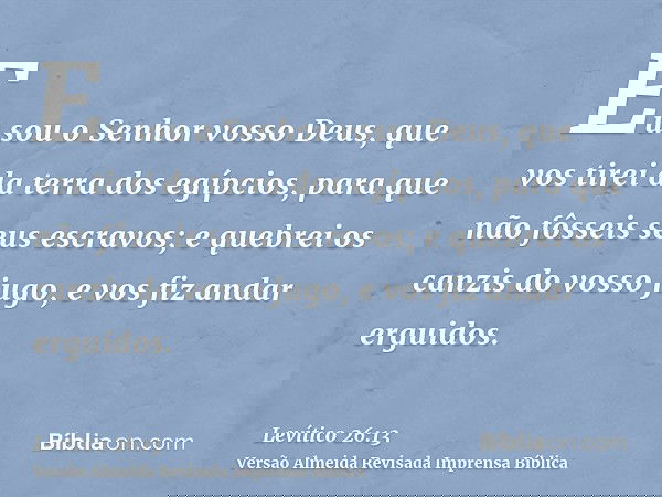 Eu sou o Senhor vosso Deus, que vos tirei da terra dos egípcios, para que não fôsseis seus escravos; e quebrei os canzis do vosso jugo, e vos fiz andar erguidos