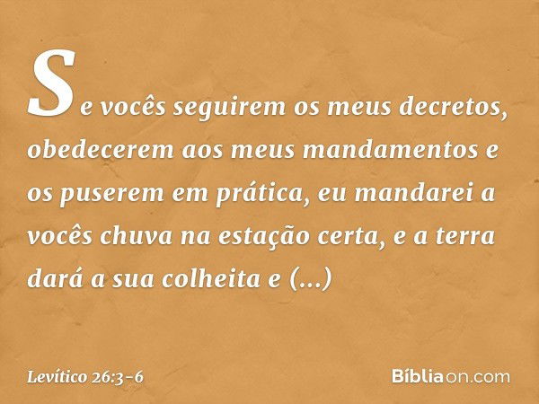 "Se vocês seguirem os meus decretos, obedecerem aos meus mandamentos e os puserem em prática, eu mandarei a vocês chuva na estação certa, e a terra dará a sua c