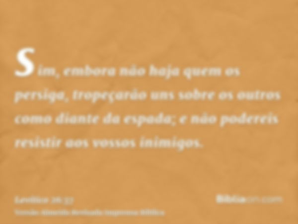 sim, embora não haja quem os persiga, tropeçarão uns sobre os outros como diante da espada; e não podereis resistir aos vossos inimigos.