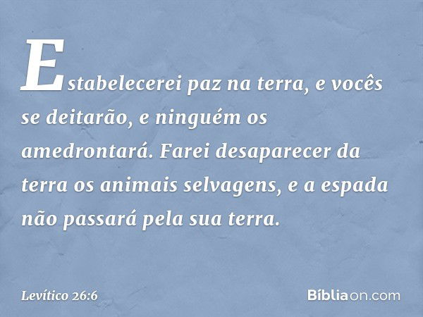 "Estabelecerei paz na terra, e vocês se deitarão, e ninguém os amedrontará. Farei desa­parecer da terra os animais selvagens, e a espa­da não passará pela sua t