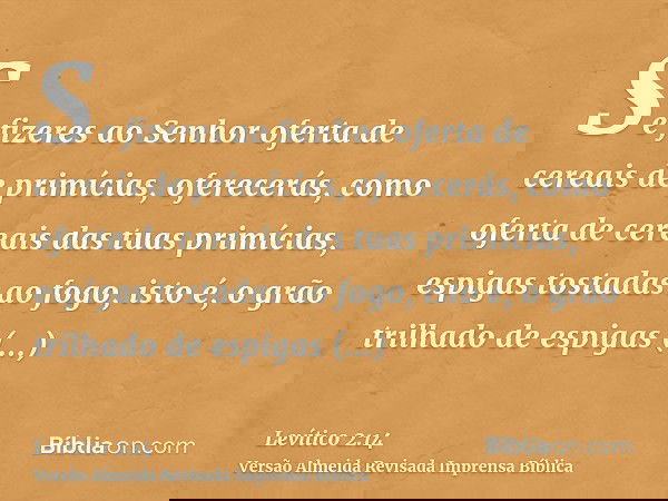 Se fizeres ao Senhor oferta de cereais de primícias, oferecerás, como oferta de cereais das tuas primícias, espigas tostadas ao fogo, isto é, o grão trilhado de