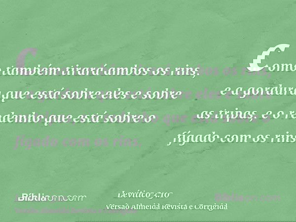 como também tirará ambos os rins, e a gordura que está sobre eles e sobre as tripas, e o redenho que está sobre o fígado com os rins.